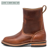 A single brown leather ankle boot shown in side profile on a white background, with a small text label in the top-left corner reading 'LEATHER: 64 BROWN DOUBLE SHOT'. The boot has a rounded toe, elastic side gore, pull loop, and stacked sole.