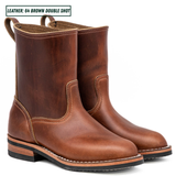 A pair of mid-calf brown leather boots with a distressed finish, shown from a three-quarter angle on a white background. A text label in the top-left corner reads 'LEATHER: 64 BROWN DOUBLE SHOT'.
