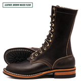 A pair of dark brown waxed leather lace-up boots with gold-tone eyelets and white contrast stitching, shown on a white background with a text label in the top-left corner.