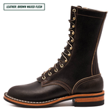 A dark brown leather lace-up boot with gold-tone eyelets, white contrast stitching, and a stacked sole, shown on a white background with a text label in the top-left corner.