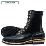 A pair of black leather lace-up boots shown on a white background, with one boot standing upright and the other lying on its side to display the treaded sole. A text label in the top left reads 'LEATHER: CXL BLACK'.