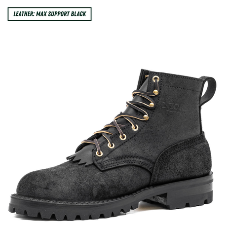A black leather lace-up boot with gold-tone eyelets and laces, shown from a side profile on a white background. A text label in the top-left corner reads 'LEATHER: MAX SUPPORT BLACK'.