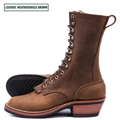 A brown leather lace-up boot shown in profile against a white background, with a small text label in the top-left corner reading 'LEATHER: WEATHERSHIELD BROWN'. The boot has metal eyelets, a pull loop at the top, and a stacked wooden-look heel.