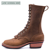 Brown packer boot. Top left reads 'LEATHER: WEATHERSHIELD BROWN.'