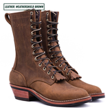 Brown packer boots sitting together with white background. Top left reads 'LEATHER: WEATHERSHIELD BROWN.'