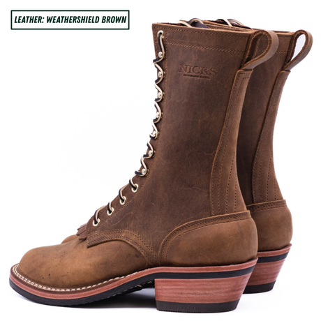Brown packer boots sitting together with white background. Top left reads 'LEATHER: WEATHERSHIELD BROWN.'