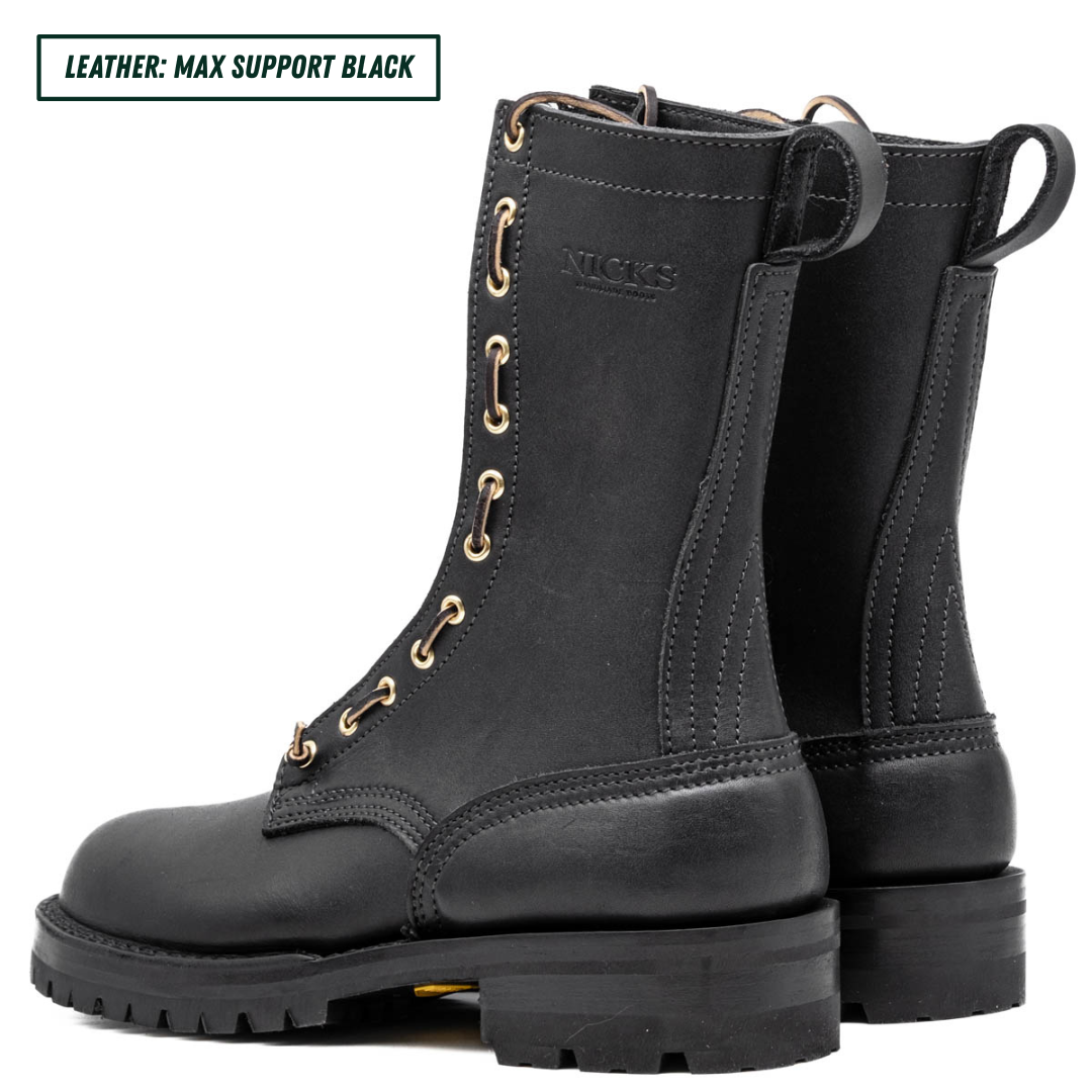 A pair of black leather work boots with gold-tone eyelets and a pull tab, shown on a white background with a text label in the top-left corner.