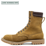 A single mid-calf lace-up boot in textured coyote brown suede with a dark brown collar, shown in a side profile on a white background. A text label in the top-left corner reads 'LEATHER: WEATHERSHIELD COYOTE'.
