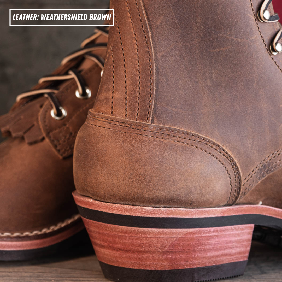 Close-up of a brown leather lace-up boot showing the heel, laces, and stacked wooden-look heel block. Text overlay reads 'LEATHER: WEATHERSHIELD BROWN'.