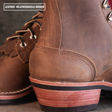 Detail shot of packer heel and backstay. Top left reads 'LEATHER: WEATHERSHIELD BROWN.'