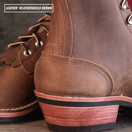 Detail shot of packer heel and backstay. A text overlay in the top left reads 'LEATHER: WEATHERSHIELD BROWN'.