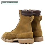 A pair of lace-up ankle boots in a warm brown suede-like leather, shown from the side and back against a white background. A text label in the top left reads 'LEATHER: WEATHERSHIELD COYOTE'.