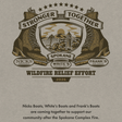 A graphic print on a textured tan fabric background featuring a central emblem with two boots, a shield showing a fire scene, and the words “Stronger Together,” “Snokeane,” and “Wildfire Relief Effort 2026.” Smaller text below reads, “Nicks Boots, White’s Boots and Frank’s Boots are coming together to support our community after the Spokane Complex Fire.