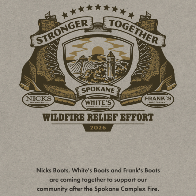 A graphic print on a textured tan fabric background featuring a central emblem with two boots, a shield showing a fire scene, and the words “Stronger Together,” “Snokeane,” and “Wildfire Relief Effort 2026.” Smaller text below reads, “Nicks Boots, White’s Boots and Frank’s Boots are coming together to support our community after the Spokane Complex Fire.