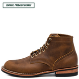 A single brown leather lace-up ankle boot shown in side profile on a white background, with a small label in the top-left corner reading 'LEATHER: PREDATOR ORANGE'.