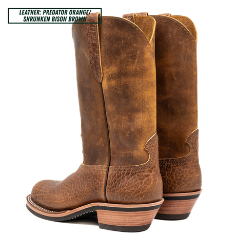 Cowboy style Palouse western boot sitting in front of white background. Top left text reads 'LEATHER: PREDATOR ORANGE/ SHRUNKEN BISON BROWN'.
