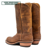 A pair of distressed leather cowboy boots in a brown shade labeled 'Predator Orange / Shrunken Bison Brown' on a white background.