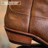 Detail shot of western dogger heel on Palouse boot. Top left reads 'LEATHER: PREDATOR ORANGE/ SHRUNKEN BISON BROWN'.