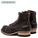 A pair of dark brown leather lace-up boots with a rugged sole and stacked heel, shown from a three-quarters angle on a white background. A text label in the top-left corner reads 'LEATHER: BROWN WAXED FLESH'.