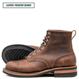 A single lace-up ankle boot in distressed brown leather, shown on a white background with a second boot turned sideways to display the treaded outsole. A text label in the top left reads 'LEATHER: PREDATOR ORANGE'.