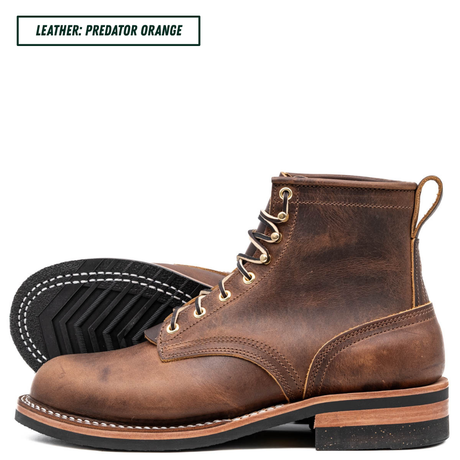 A single lace-up ankle boot in distressed brown leather, shown on a white background with a second boot turned sideways to display the treaded outsole. A text label in the top left reads 'LEATHER: PREDATOR ORANGE'.