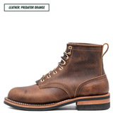 A single brown leather lace-up ankle boot shown in side profile on a white background, with a small text label in the top-left corner reading 'LEATHER: PREDATOR ORANGE'. The boot has brass eyelets, a pull tab, and a stacked sole with a black outsole.