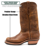 Cowboy style Palouse western boot sitting in front of white background. Top left text reads 'LEATHER: PREDATOR ORANGE/ SHRUNKEN BISON BROWN'.