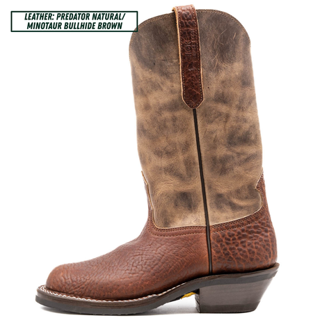 A single mid-calf western boot shown in side profile on a white background, with a text label in the top-left corner reading 'LEATHER: PREDATOR NATURAL/ MINOTAUR BULLHIDE BROWN'. The boot has a distressed brown shaft and a darker brown pebbled leather foot.