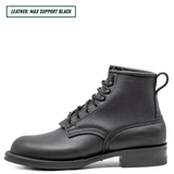 A black leather lace-up ankle boot shown in side profile on a white background, with a small text label in the top-left corner reading 'LEATHER: MAX SUPPORT BLACK'.