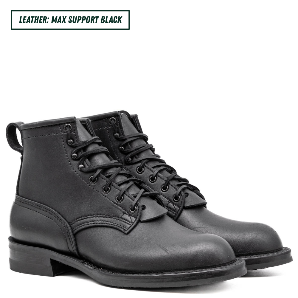 A pair of black leather lace-up ankle boots shown on a white background, with a text label in the top-left corner that reads 'LEATHER: MAX SUPPORT BLACK'.