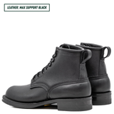 A pair of black leather lace-up ankle boots shown from a side profile view on a white background, with a text label in the top-left corner that reads 'LEATHER: MAX SUPPORT BLACK'.