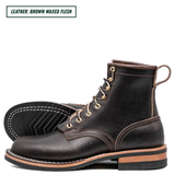 A pair of dark brown waxed leather lace-up boots shown on a white background, with a text label in the top-left corner reading 'LEATHER: BROWN WAXED FLESH'. The boots feature gold-tone eyelets, contrast stitching, and a stacked sole with a tan mid-layer.