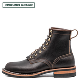 A dark brown leather lace-up boot with gold-toned metal eyelets, contrast stitching, and a pull tab, shown in profile on a white background with a text label in the top-left corner.
