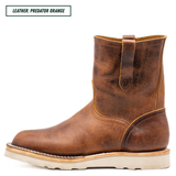 A single mid-calf leather pull on boot in a distressed brownish-orange finish, shown in side profile on a white background. A text label in the top-left corner reads 'LEATHER: PREDATOR ORANGE'.