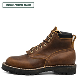 A single brown leather lace-up boot shown in side profile on a white background, with a text label in the top-left corner reading 'LEATHER: PREDATOR ORANGE'.