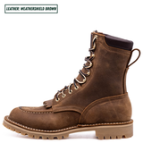 A brown leather lace-up boot shown on a white background, boot standing upright. A text label in the top left corner reads 'LEATHER: WEATHERSHIELD BROWN'.