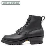 A black leather lace-up ankle boot with a rugged lug sole and heel pull tab, shown in profile on a white background. A text label in the top-left corner reads 'LEATHER: MAX SUPPORT BLACK'.