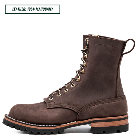 A dark brown suede lace-up boot shown in profile on a white background, with a text label in the top-left corner reading 'LEATHER: 1964 MAHOGANY'.