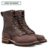 A pair of dark brown leather lace-up boots with brass eyelets and black laces, shown on a white background with a text label in the top left corner that reads 'LEATHER: 1964 MAHOGANY'.