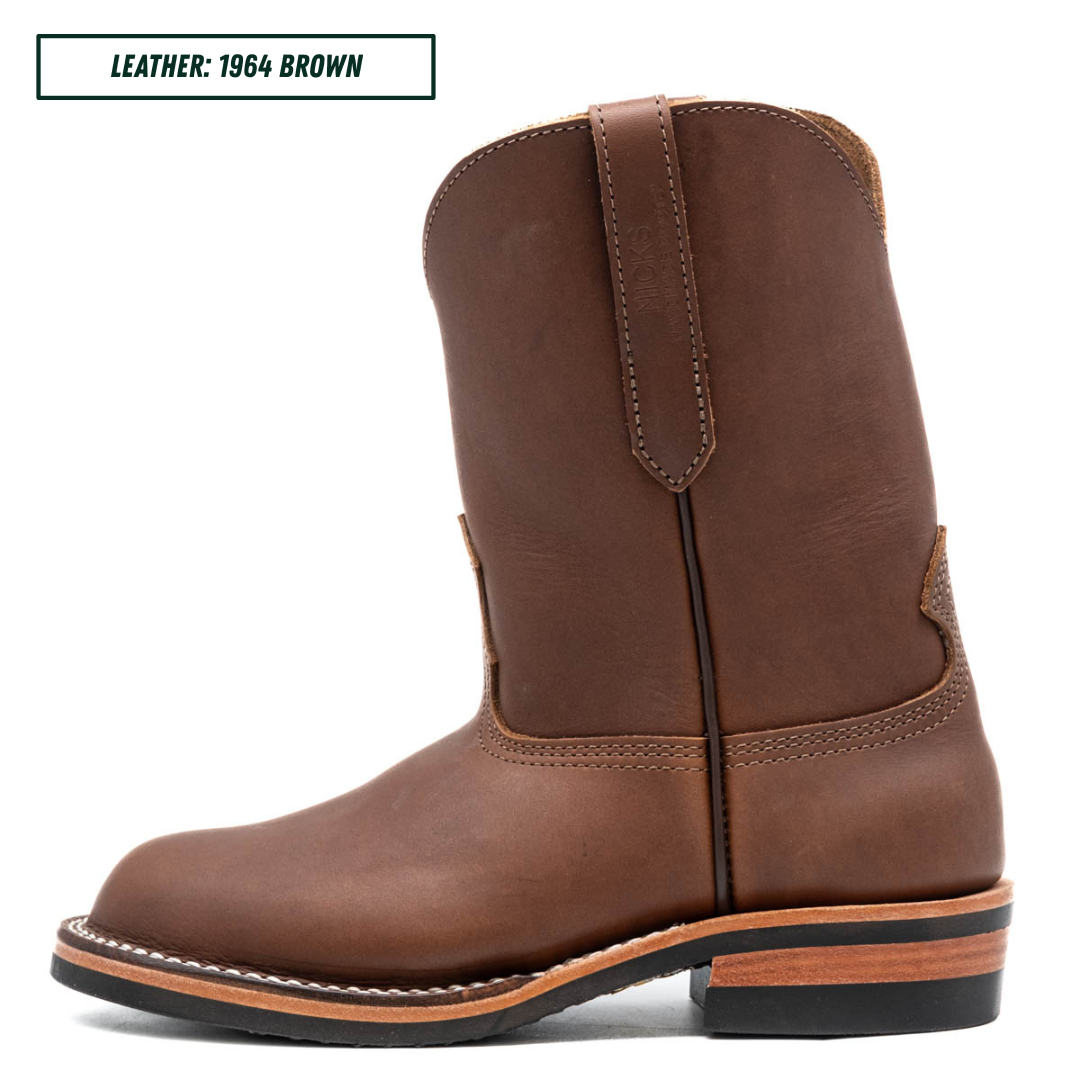 A brown leather mid-calf cowboy boot shown in a side profile on a white background, with a text label in the top-left corner that reads 'LEATHER: 1964 BROWN'.