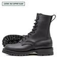 A pair of black leather lace-up boots shown on a white background, with one boot standing upright and the other lying on its side to display the treaded sole. A text label in the top left corner reads 'LEATHER: MAX SUPPORT BLACK'.