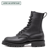 A black leather lace-up ankle boot shown in profile on a white background, with a small text label in the top-left corner reading 'LEATHER: MAX SUPPORT BLACK'. The boot has a pull tab, black laces, and a rugged sole.