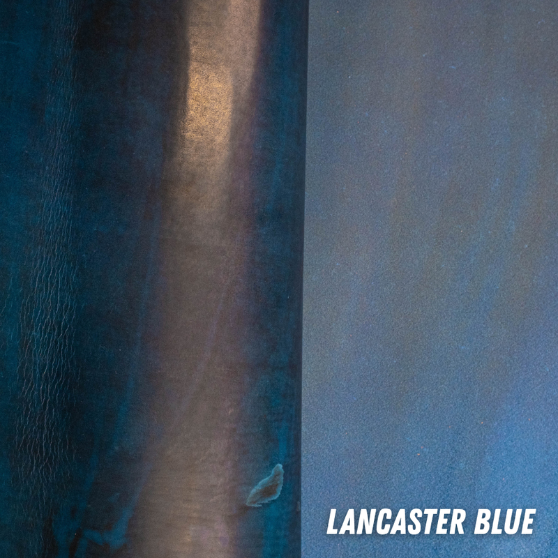 Lancaster Blue leather swatch showing smooth full-grain side on the left and suede roughout texture on the right