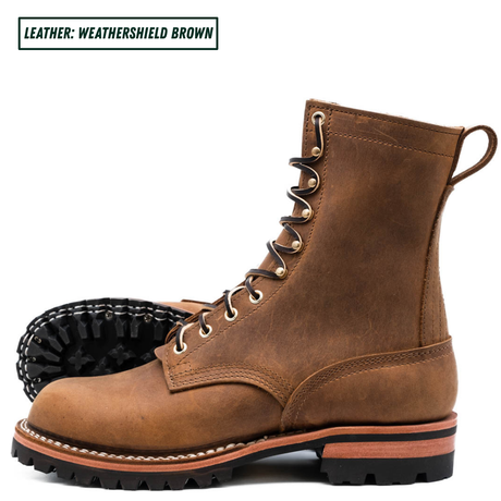 A pair of rugged lace-up ankle boots in a distressed brown leather, with one boot standing upright and the other lying on its side to show the black treaded outsole. A text label in the top left corner reads 'LEATHER: WEATHERSHIELD BROWN'.