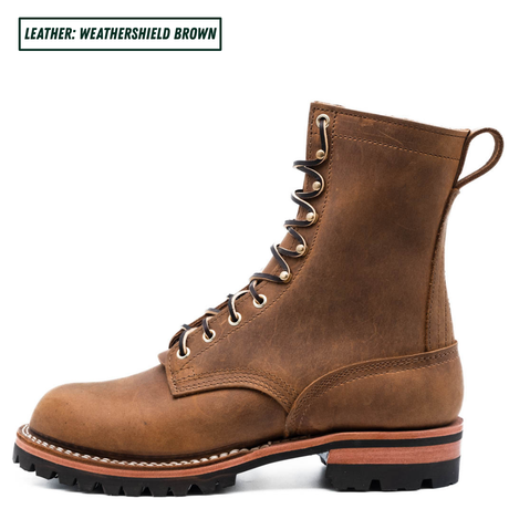 A single brown leather lace-up boot shown in side profile on a white background, with a text label in the top-left corner reading 'LEATHER: WEATHERSHIELD BROWN'. The boot has a rugged lug sole, metal eyelets, and a pull loop at the back.