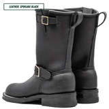 A pair of black leather mid-calf boots with buckle straps, shown from the side and back on a white background. A text label in the top-left corner reads 'LEATHER: SPOKANE BLACK'.