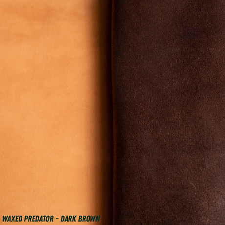 A close-up of smooth and waxed sides of a leather roll, with a warm tan/caramel section on the left and a dark brown section on the right. Text at the bottom reads 'WAXED PREDATOR - DARK BROWN'.
