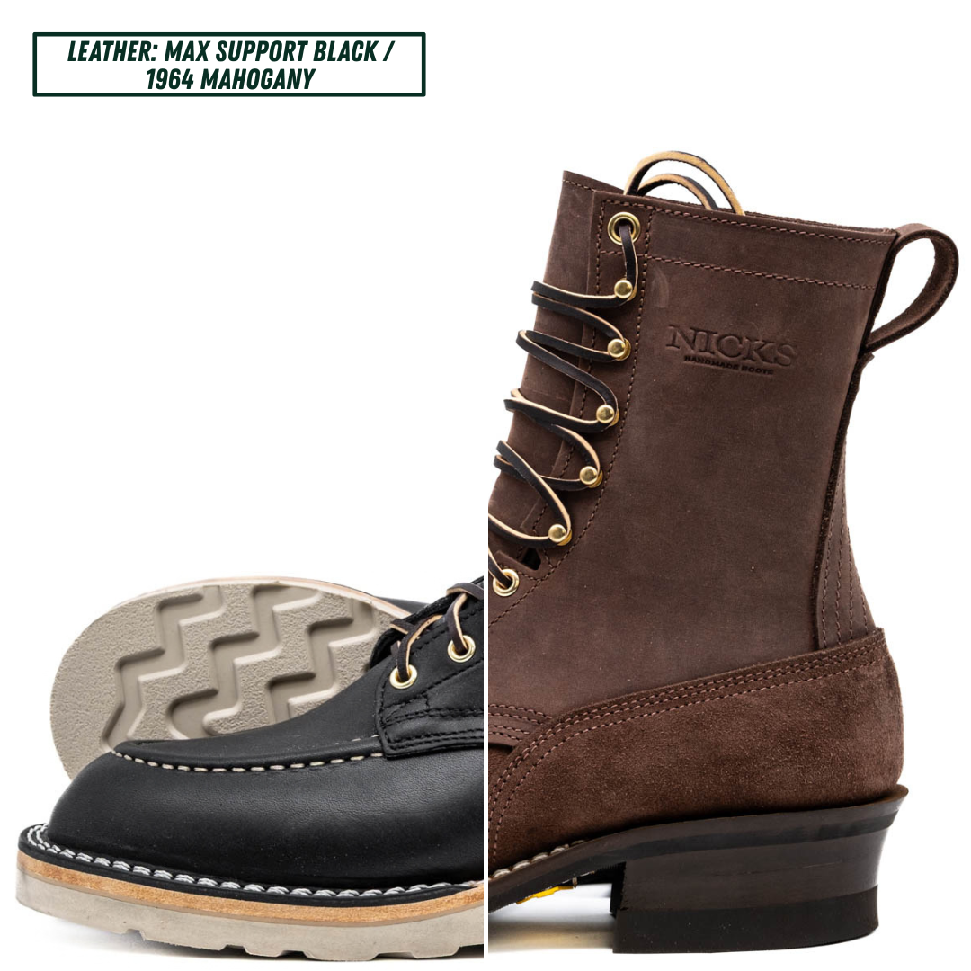 A split-view product image of a Nicks leather boot. The left half shows a black leather moc-toe boot with a light tan sole, while the right half shows a dark brown suede boot with black laces and gold eyelets.