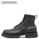 A black leather lace-up ankle boot with a rugged lug sole, shown in profile against a white background. A text label in the top-left corner reads 'LEATHER: MAX SUPPORT BLACK'.