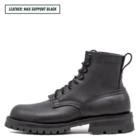 A black leather lace-up ankle boot with a rugged lug sole, shown in profile against a white background. A text label in the top-left corner reads 'LEATHER: MAX SUPPORT BLACK'.